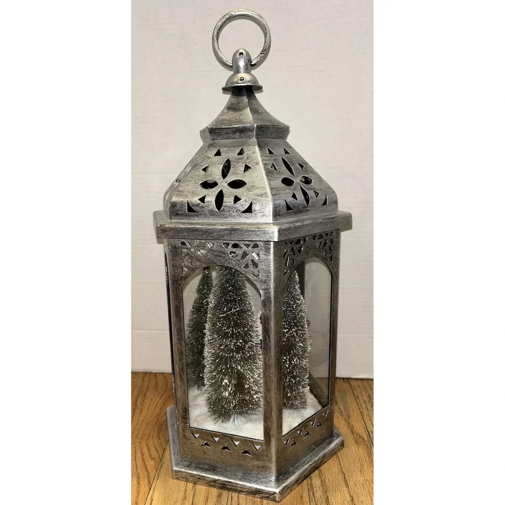 Christmas Silver Lantern Snowman Scene Trees‎ Light Lights Up Holiday Decor